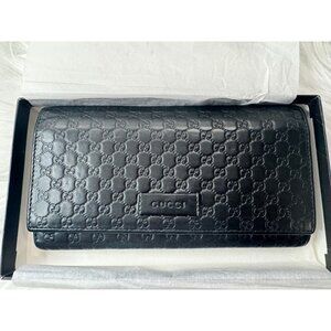 GUCCI black Leather Micro GG GUCCISSIMA Continental snap flap wallet with Dustba